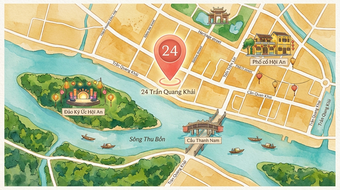 Bản đồ minh hoạ vị trí 24 Trần Quang Khải bên sông Thu Bồn, gần Phố cổ Hội An